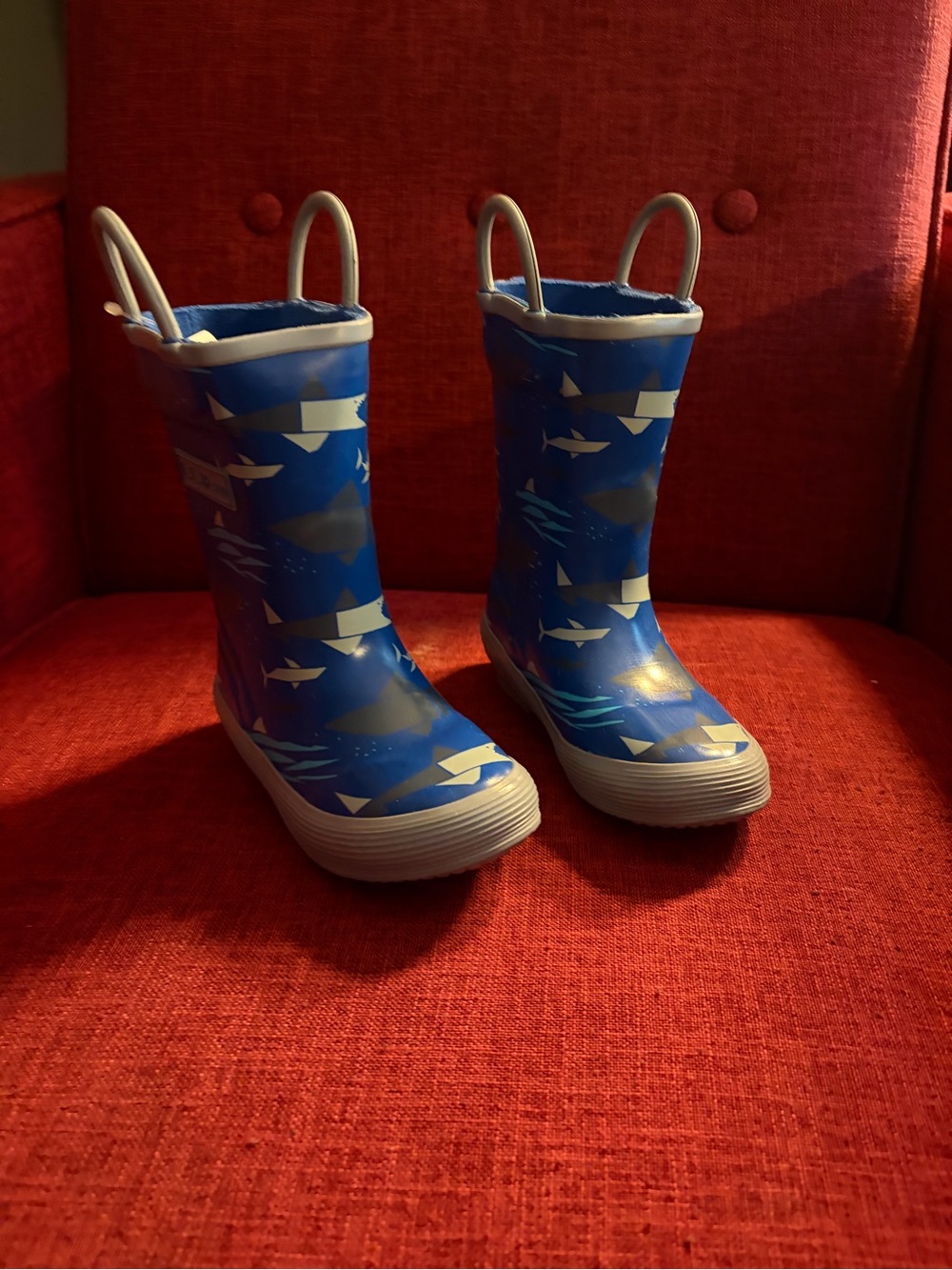 L.L. Bean Blue Shark Pattern Kids Rain Boots with Pull Loops